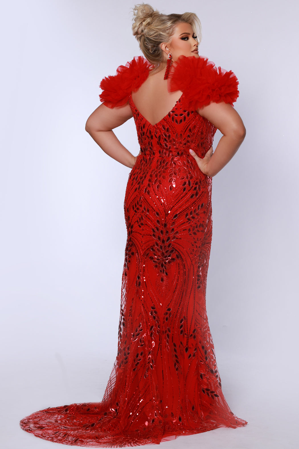 Style JK2517 available in scarlet red, plum purple and unicorn white with AB accent.  Plus size sexy fitted slim gown with mirror sequins detachable puff sleeves. 