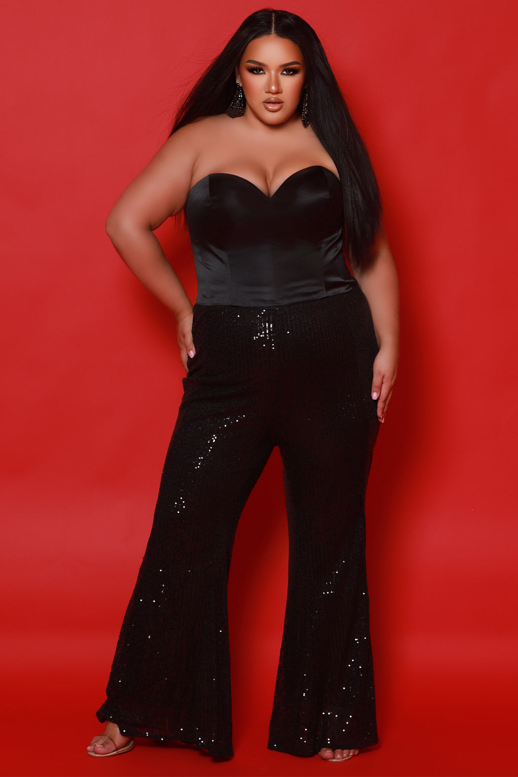 Plus size three-piece suit with jacket, strapless satin bustier top and pants.  Made from strtch sequins and light-weight satin. Style JK2520 from Johnathan Kayne for Sydney's Closet is available in sizes 10-28 in black or ivory.