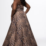 Johnathan Kayne for Sydney's Closet style JK2605. 

Plus size floor length animal print dress.  Fold over cuff detail, exposed corset boning, natural waistline, and A-line skirt with pockets and center back zipper. Available in sizes 14-32 in animal print. 