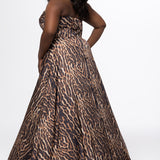 Johnathan Kayne for Sydney's Closet style JK2605. 

Plus size floor length animal print dress.  Fold over cuff detail, exposed corset boning, natural waistline, and A-line skirt with pockets and center back zipper. Available in sizes 14-32 in animal print. 