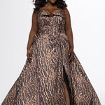 Johnathan Kayne for Sydney's Closet style JK2605. 

Plus size floor length animal print dress.  Fold over cuff detail, exposed corset boning, natural waistline, and A-line skirt with pockets and center back zipper. Available in sizes 14-32 in animal print. 