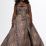 Johnathan Kayne for Sydney's Closet style JK2605. 

Plus size floor length animal print dress.  Fold over cuff detail, exposed corset boning, natural waistline, and A-line skirt with pockets and center back zipper. Available in sizes 14-32 in animal print. 