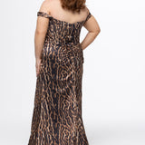 Johnathan Kayne for Sydney's Closet style JK2606. 

Off-the-shoulder animal print fitted floor length plus size gown. Exposed boning, sweetheart neckline and basque waistline for style. Left leg slit and center back zipper. 
