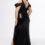 Johnathan Kayne for Sydney's Closet style JK2607 in black. 

Slim fitted plus size floor length gown. Stretch sequin fabric with lace and exposed boning on bodice. One inch straps and optional drape off-the-shoulder straps. Left leg slit and long center back zipper. Available in sizes 10-28 in red, blue or black. 