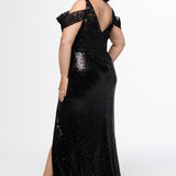 Johnathan Kayne for Sydney's Closet style JK2607 in black. 

Slim fitted plus size floor length gown. Stretch sequin fabric with lace and exposed boning on bodice. One inch straps and optional drape off-the-shoulder straps. Left leg slit and long center back zipper. Available in sizes 10-28 in red, blue or black. 