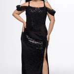 Johnathan Kayne for Sydney's Closet style JK2607 in black. 

Slim fitted plus size floor length gown. Stretch sequin fabric with lace and exposed boning on bodice. One inch straps and optional drape off-the-shoulder straps. Left leg slit and long center back zipper. Available in sizes 10-28 in red, blue or black. 