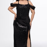 Johnathan Kayne for Sydney's Closet style JK2607 in black. 

Slim fitted plus size floor length gown. Stretch sequin fabric with lace and exposed boning on bodice. One inch straps and optional drape off-the-shoulder straps. Left leg slit and long center back zipper. Available in sizes 10-28 in red, blue or black. 