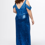 Johnathan Kayne for Sydney's Closet style JK2607 in blue. 

Slim fitted plus size floor length gown. Stretch sequin fabric with lace and exposed boning on bodice. One inch straps and optional drape off-the-shoulder straps. Left leg slit and long center back zipper. Available in sizes 10-28 in red, blue or black. 