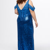 Johnathan Kayne for Sydney's Closet style JK2607 in blue. 

Slim fitted plus size floor length gown. Stretch sequin fabric with lace and exposed boning on bodice. One inch straps and optional drape off-the-shoulder straps. Left leg slit and long center back zipper. Available in sizes 10-28 in red, blue or black. 