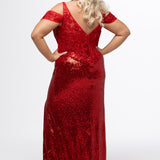 Johnathan Kayne for Sydney's Closet style JK2607 in red. 

Slim fitted plus size floor length gown. Stretch sequin fabric with lace and exposed boning on bodice. One inch straps and optional drape off-the-shoulder straps. Left leg slit and long center back zipper. Available in sizes 10-28 in red, blue or black. 