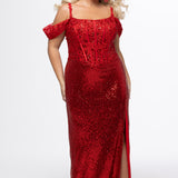 Johnathan Kayne for Sydney's Closet style JK2607 in red. 

Slim fitted plus size floor length gown. Stretch sequin fabric with lace and exposed boning on bodice. One inch straps and optional drape off-the-shoulder straps. Left leg slit and long center back zipper. Available in sizes 10-28 in red, blue or black. 