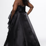 Johnathan Kayne for Sydney's Closet style JK2608.

Strapless sweetheart plus size A-line gown.  Ruched bodice with bow at natural waistline and flounce down left leg slit. Shiny organza fabric for lightweight comfort. Available in sizes  10-32 in Red, Black and Blue. 