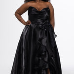 Johnathan Kayne for Sydney's Closet style JK2608.

Strapless sweetheart plus size A-line gown.  Ruched bodice with bow at natural waistline and flounce down left leg slit. Shiny organza fabric for lightweight comfort. Available in sizes  10-32 in Red, Black and Blue. 