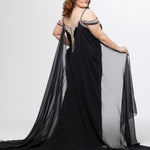 Johnathan Kayne for Sydney's Closet style JK2610.

Stretch velvet fitted plus size evening gown.  AB stoned v-neckline with stoned spaghetti straps. Off-the-shoulder stoned drapes straps, left leg slit and sweep train. Chiffon cape attached at back. Available in sizes 10-28 in black and royal blue. 