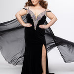 Johnathan Kayne for Sydney's Closet style JK2610.

Stretch velvet fitted plus size evening gown.  AB stoned v-neckline with stoned spaghetti straps. Off-the-shoulder stoned drapes straps, left leg slit and sweep train. Chiffon cape attached at back. Available in sizes 10-28 in black and royal blue. 