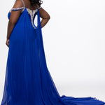 Johnathan Kayne for Sydney's Closet style JK2610.

Stretch velvet fitted plus size evening gown.  AB stoned v-neckline with stoned spaghetti straps. Off-the-shoulder stoned drapes straps, left leg slit and sweep train. Chiffon cape attached at back. Available in sizes 10-28 in black and royal blue. 