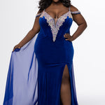 Johnathan Kayne for Sydney's Closet style JK2610.

Stretch velvet fitted plus size evening gown.  AB stoned v-neckline with stoned spaghetti straps. Off-the-shoulder stoned drapes straps, left leg slit and sweep train. Chiffon cape attached at back. Available in sizes 10-28 in black and royal blue. 