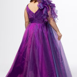 Johnathan Kayne for Sydney's Closet style JK2611. 

Plus size A-line gown made with multidimensional organza. Thick straps with detachable ruffle at shoulder. Ruched waistband with natural waistline and left leg slit with large ruffle. Deep v-neckline and center back zipper. Available in sizes 10-32 in purple and red. 