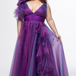 Johnathan Kayne for Sydney's Closet style JK2611. 

Plus size A-line gown made with multidimensional organza. Thick straps with detachable ruffle at shoulder. Ruched waistband with natural waistline and left leg slit with large ruffle. Deep v-neckline and center back zipper. Available in sizes 10-32 in purple and red. 