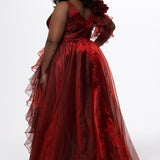 Johnathan Kayne for Sydney's Closet style JK2611. 

Plus size A-line gown made with multidimensional organza. Thick straps with detachable ruffle at shoulder. Ruched waistband with natural waistline and left leg slit with large ruffle. Deep v-neckline and center back zipper. Available in sizes 10-32 in purple and red. 