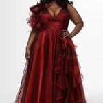 Johnathan Kayne for Sydney's Closet style JK2611. 

Plus size A-line gown made with multidimensional organza. Thick straps with detachable ruffle at shoulder. Ruched waistband with natural waistline and left leg slit with large ruffle. Deep v-neckline and center back zipper. Available in sizes 10-32 in purple and red. 