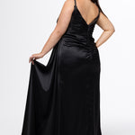 Johnathan Kayne for Sydney's Closet style JK2612. 

Plus size fitted satin gown. Braided beaded straps and V-neckline. Pleated bodice and ruched skirt with left leg slit and left side drape panel. Natural waistline and center back zipper. Available in sizes 10-24 in blue, black or white. 