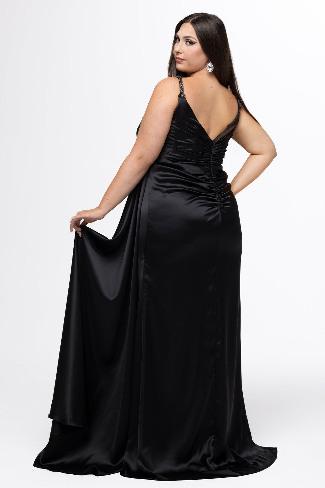 Johnathan Kayne for Sydney's Closet style JK2612. 

Plus size fitted satin gown. Braided beaded straps and V-neckline. Pleated bodice and ruched skirt with left leg slit and left side drape panel. Natural waistline and center back zipper. Available in sizes 10-24 in blue, black or white. 