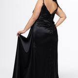 Johnathan Kayne for Sydney's Closet style JK2612. 

Plus size fitted satin gown. Braided beaded straps and V-neckline. Pleated bodice and ruched skirt with left leg slit and left side drape panel. Natural waistline and center back zipper. Available in sizes 10-24 in blue, black or white. 
