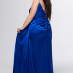 Johnathan Kayne for Sydney's Closet style JK2612. 

Plus size fitted satin gown. Braided beaded straps and V-neckline. Pleated bodice and ruched skirt with left leg slit and left side drape panel. Natural waistline and center back zipper. Available in sizes 10-24 in blue, black or white. 