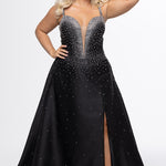 Johnathan Kayne for Sydney's Closet style JK2613. 

Plus size A-line gown with hot fix stones on thick satin fabric. Heavily embellished deep V-neckline with nude-mesh insert and embellished one inch straps. A-line skirt with left leg slit. Lace up back with modesty panel and half zipper. Available in sizes 10-32 in red, blue and black. 