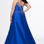 Johnathan Kayne for Sydney's Closet style JK2613. 

Plus size A-line gown with hot fix stones on thick satin fabric. Heavily embellished deep V-neckline with nude-mesh insert and embellished one inch straps. A-line skirt with left leg slit. Lace up back with modesty panel and half zipper. Available in sizes 10-32 in red, blue and black. 