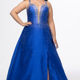 Johnathan Kayne for Sydney's Closet style JK2613. 

Plus size A-line gown with hot fix stones on thick satin fabric. Heavily embellished deep V-neckline with nude-mesh insert and embellished one inch straps. A-line skirt with left leg slit. Lace up back with modesty panel and half zipper. Available in sizes 10-32 in red, blue and black. 