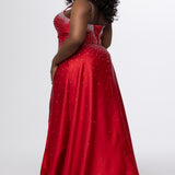 Johnathan Kayne for Sydney's Closet style JK2613. 

Plus size A-line gown with hot fix stones on thick satin fabric. Heavily embellished deep V-neckline with nude-mesh insert and embellished one inch straps. A-line skirt with left leg slit. Lace up back with modesty panel and half zipper. Available in sizes 10-32 in red, blue and black. 