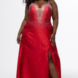 Johnathan Kayne for Sydney's Closet style JK2613. 

Plus size A-line gown with hot fix stones on thick satin fabric. Heavily embellished deep V-neckline with nude-mesh insert and embellished one inch straps. A-line skirt with left leg slit. Lace up back with modesty panel and half zipper. Available in sizes 10-32 in red, blue and black. 
