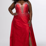 Johnathan Kayne for Sydney's Closet style JK2613. 

Plus size A-line gown with hot fix stones on thick satin fabric. Heavily embellished deep V-neckline with nude-mesh insert and embellished one inch straps. A-line skirt with left leg slit. Lace up back with modesty panel and half zipper. Available in sizes 10-32 in red, blue and black. 
