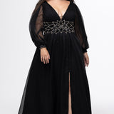 Johnathan Kayne for Sydney's Closet style JK2614. 

Plus size A-line chiffon gown with long bishop sleeves, beaded cuff and bicep slit. Bra-friendly straps, v-neckline and pleated bodice. Natural waistline with 4 inch beaded, rhinestone and sequin embellished waistband. Pockets, left leg slit with zipper, v-back and center back zipper. Available in sizes 10-32 in black, blue and red. 