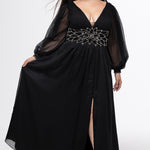 Johnathan Kayne for Sydney's Closet style JK2614. 

Plus size A-line chiffon gown with long bishop sleeves, beaded cuff and bicep slit. Bra-friendly straps, v-neckline and pleated bodice. Natural waistline with 4 inch beaded, rhinestone and sequin embellished waistband. Pockets, left leg slit with zipper, v-back and center back zipper. Available in sizes 10-32 in black, blue and red. 
