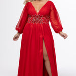 Johnathan Kayne for Sydney's Closet style JK2614. 

Plus size A-line chiffon gown with long bishop sleeves, beaded cuff and bicep slit. Bra-friendly straps, v-neckline and pleated bodice. Natural waistline with 4 inch beaded, rhinestone and sequin embellished waistband. Pockets, left leg slit with zipper, v-back and center back zipper. Available in sizes 10-32 in black, blue and red. 