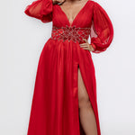 Johnathan Kayne for Sydney's Closet style JK2614. 

Plus size A-line chiffon gown with long bishop sleeves, beaded cuff and bicep slit. Bra-friendly straps, v-neckline and pleated bodice. Natural waistline with 4 inch beaded, rhinestone and sequin embellished waistband. Pockets, left leg slit with zipper, v-back and center back zipper. Available in sizes 10-32 in black, blue and red. 