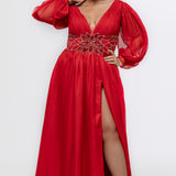 Johnathan Kayne for Sydney's Closet style JK2614. 

Plus size A-line chiffon gown with long bishop sleeves, beaded cuff and bicep slit. Bra-friendly straps, v-neckline and pleated bodice. Natural waistline with 4 inch beaded, rhinestone and sequin embellished waistband. Pockets, left leg slit with zipper, v-back and center back zipper. Available in sizes 10-32 in black, blue and red. 