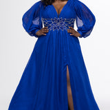 Johnathan Kayne for Sydney's Closet style JK2614. 

Plus size A-line chiffon gown with long bishop sleeves, beaded cuff and bicep slit. Bra-friendly straps, v-neckline and pleated bodice. Natural waistline with 4 inch beaded, rhinestone and sequin embellished waistband. Pockets, left leg slit with zipper, v-back and center back zipper. Available in sizes 10-32 in black, blue and red. 