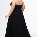 Johnathan Kayne for Sydney's Closet style JK2616. 

Strapless sweetheart plus size evening gown. Exposed bones covered in hot fix stones. Basque waist, chiffon A-line skirt, pockets, and left leg slit. Center back zipper. Available in sizes 10-32 in blue, black and red. 
