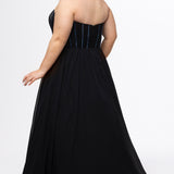 Johnathan Kayne for Sydney's Closet style JK2616. 

Strapless sweetheart plus size evening gown. Exposed bones covered in hot fix stones. Basque waist, chiffon A-line skirt, pockets, and left leg slit. Center back zipper. Available in sizes 10-32 in blue, black and red. 