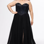 Johnathan Kayne for Sydney's Closet style JK2616. 

Strapless sweetheart plus size evening gown. Exposed bones covered in hot fix stones. Basque waist, chiffon A-line skirt, pockets, and left leg slit. Center back zipper. Available in sizes 10-32 in blue, black and red. 