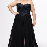 Johnathan Kayne for Sydney's Closet style JK2616. 

Strapless sweetheart plus size evening gown. Exposed bones covered in hot fix stones. Basque waist, chiffon A-line skirt, pockets, and left leg slit. Center back zipper. Available in sizes 10-32 in blue, black and red. 