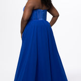 Johnathan Kayne for Sydney's Closet style JK2616. 

Strapless sweetheart plus size evening gown. Exposed bones covered in hot fix stones. Basque waist, chiffon A-line skirt, pockets, and left leg slit. Center back zipper. Available in sizes 10-32 in blue, black and red. 