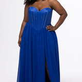 Johnathan Kayne for Sydney's Closet style JK2616. 

Strapless sweetheart plus size evening gown. Exposed bones covered in hot fix stones. Basque waist, chiffon A-line skirt, pockets, and left leg slit. Center back zipper. Available in sizes 10-32 in blue, black and red. 