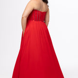 Johnathan Kayne for Sydney's Closet style JK2616. 

Strapless sweetheart plus size evening gown. Exposed bones covered in hot fix stones. Basque waist, chiffon A-line skirt, pockets, and left leg slit. Center back zipper. Available in sizes 10-32 in blue, black and red. 