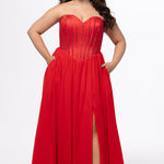 Johnathan Kayne for Sydney's Closet style JK2616. 

Strapless sweetheart plus size evening gown. Exposed bones covered in hot fix stones. Basque waist, chiffon A-line skirt, pockets, and left leg slit. Center back zipper. Available in sizes 10-32 in blue, black and red. 