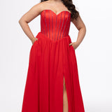 Johnathan Kayne for Sydney's Closet style JK2616. 

Strapless sweetheart plus size evening gown. Exposed bones covered in hot fix stones. Basque waist, chiffon A-line skirt, pockets, and left leg slit. Center back zipper. Available in sizes 10-32 in blue, black and red. 